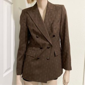 Rare Vintage ESCADA Wool Blend Double Breasted Square Print Brown Blazer Size 34